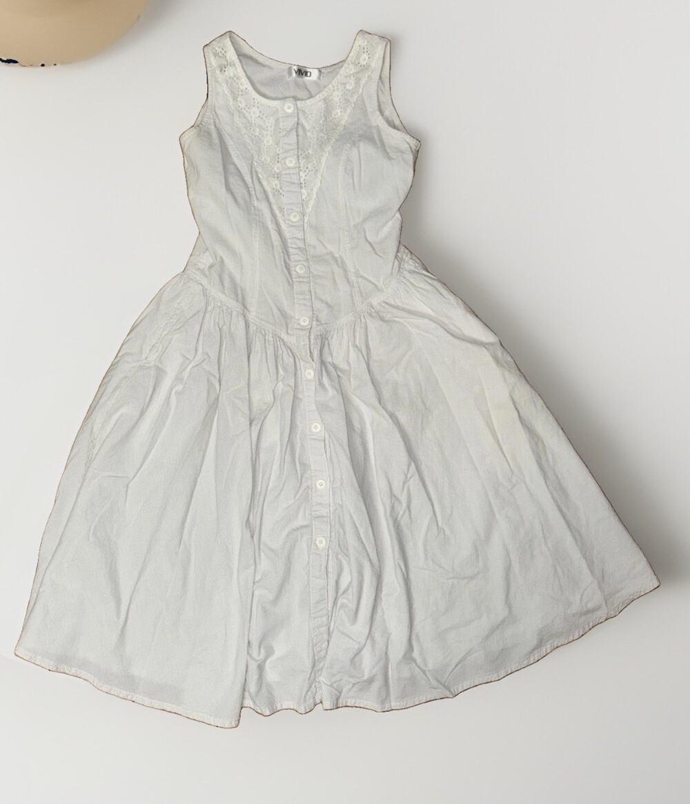 Vivid Womens White Cotton Button Front Prairie Cottagecore Midi Dress 16x42